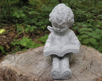 Antiqued Cement 6" Tall Boy Reading Book Child Garden Art Concrete Statue Gray & White