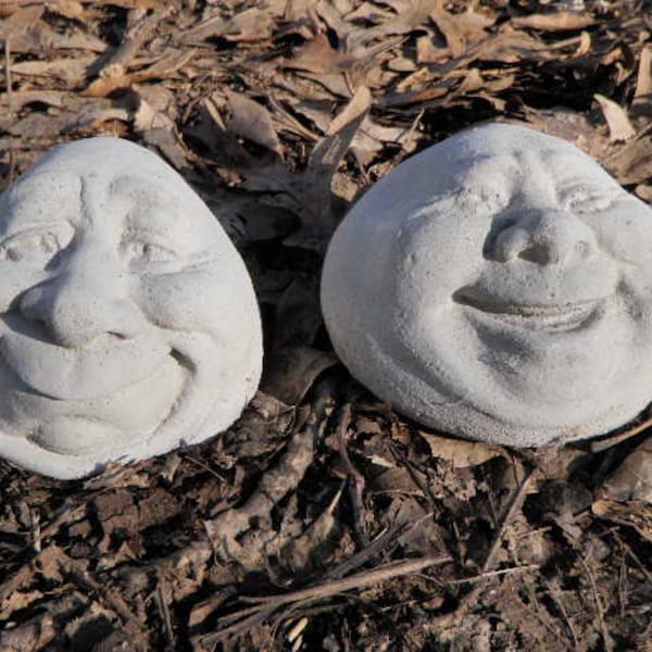 3 1/2" Long Cement Round Face Head Lot of 2 Garden Art Concrete Statue Faces