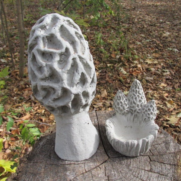 4" & 8 1/2" Tall Cement Morel Bowl Dish + Morel Mushroom Garden Art Statue Concrete Pair