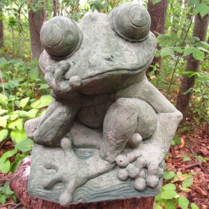 Large 12" Cement Meditating Frog on Log Garden Art Concrete Statue with a Green Patina