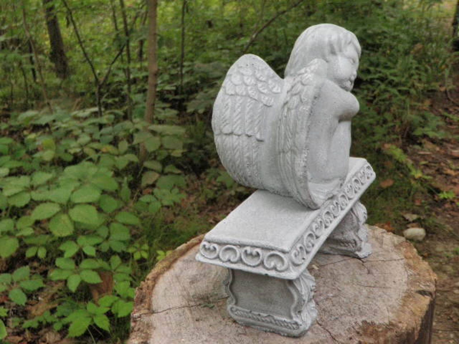 Antiqued Cement Angel & Bench Pair Garden Art Concrete Statue Gray and ...