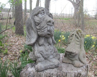 Vintage 7 & 11" Cement Sad Looking Adult Dog + Puppy Pair Concrete Garden Art Statue Lot