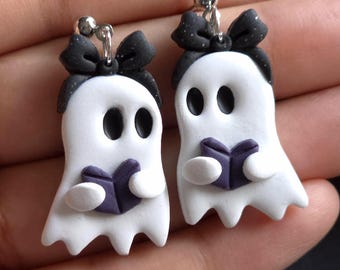Handmade Kawaii Ghost Earrings: Polymer Clay, Black Bow
