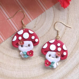 Cute Handmade Mushroom Earrings, Kawaii Cottagecore Jewelry, Fairycore Whimsical Red Toadstool Dangle, Lightweight Polymer Clay Earring