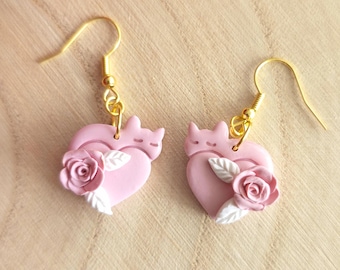Pink Cat Heart Earrings, Handmade Polymer Clay Kitty Jewelry, Cute Floral Dangle Gift for Cat Lover, Whimsical Kawaii Accessory