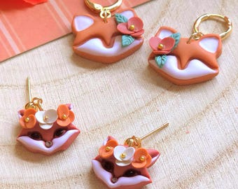 Handmade Fox Earrings, Floral Cottagecore Jewelry, Fairycore Whimsical Red Fox Drop Earring, Kawaii Fox Jewelry, Polymer Clay Earrings