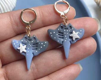 Handmade Polymer Clay Stingray Earrings: Coastal Starfish Huggie Hoops