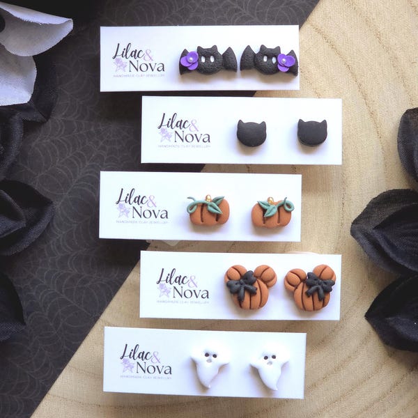 Handmade Halloween Stud Earrings: Black Bat with Flower, Black Cat Head, Ghosties, Mouse Pumpkin, Vined Pumpkin, Cute Spooky Gift for Her