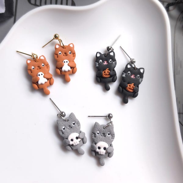 Handmade Spooky Cats Drop Earrings: Holding a Pumpkin, Ghost or Skull