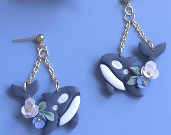 Handmade Orca Whale Dangle Earrings: Floral Polymer Clay Jewelry