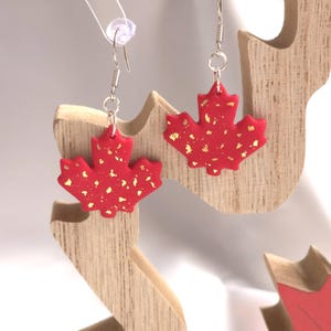 Può includere: Un paio di orecchini a forma di foglia d'acero rossa con dettagli di glitter dorati. Gli orecchini sono appesi a ganci d'argento.