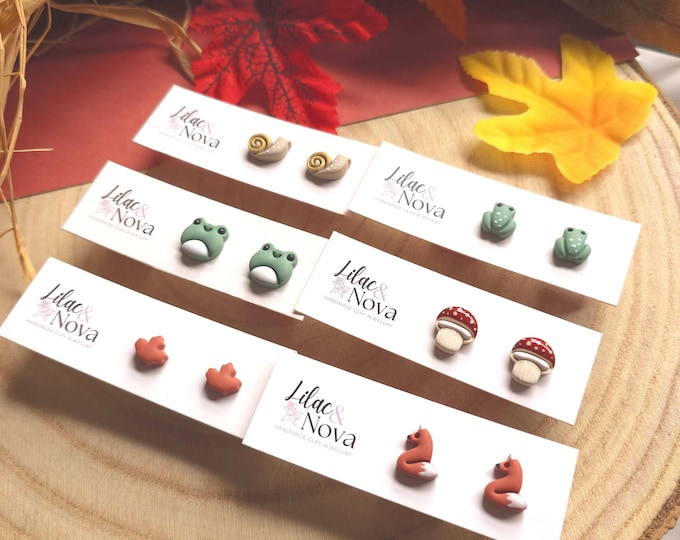 Handmade Fall Forest Stud Earring Set: Polymer Clay Frog, Fox, and Mushroom