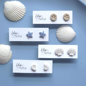 Ocean-Inspired Stud Earring Set, Handmade Polymer Clay Jewelry, Starfish, Shell, Sand Dollar, and Spiral Shell Stud Earring, Cute Beach Stud