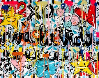 Viva el Mundo. Original Painting by Mercedes Lagunas. Graffiti Art, Pop Art Painting, Wall Decor Living Room