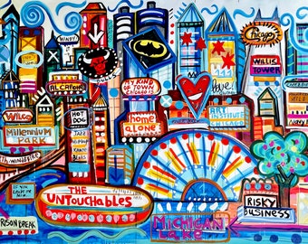 My kind of town Chicago. Mercedes Lagunas obra de arte original, 100% pintado a mano, pintura original, pintura de paisaje.