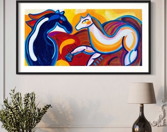 Horses in the sunset. Mercedes Lagunas original Painting, Graffiti Art, Pop Art Painting, Wall Decor