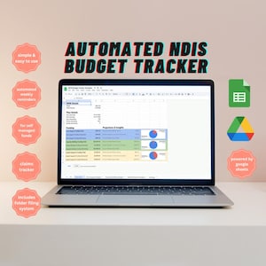 Könnte beinhalten: Ein Laptop-Computer zeigt eine Google Sheets-Tabelle mit dem Titel "NDIS Budget Tracker Template" an. Die Tabelle enthält Spalten für "Plan Details", "Funding" und "Projections & Insights". Die Tabelle befindet sich auf einem weißen Schreibtisch mit einer rosa Wand im Hintergrund. Das Bild enthält auch mehrere kreisförmige Symbole mit Text, wie z. B. "einfach und benutzerfreundlich", "automatische wöchentliche Erinnerungen", "für selbstverwaltete Mittel", "Anspruchstracker" und "beinhaltet ein Ablagesystem".