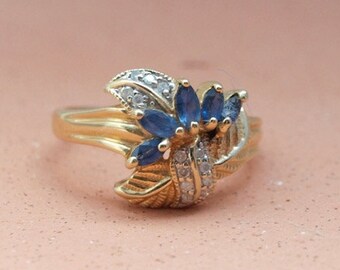 Vintage Blue Sapphires and White Diamonds in 14kt Yellow Gold Ring Size 8