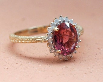 Vintage 14kt gouden roze toermalijnring met diamanten, maat 8
