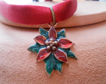 Enameled Poinsettia and Red Silk Choker, Adjustable