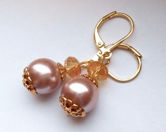 Pink Glass Pearl and Crystal Earrings