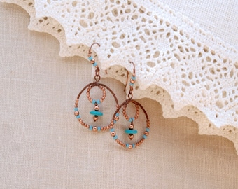 Copper and Turquoise Double Hoop Earrings