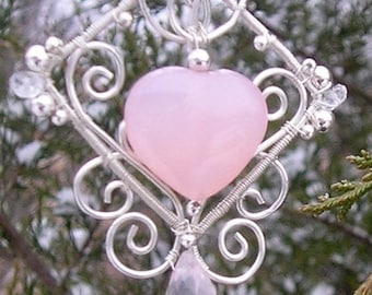 Filigree earrings with Pink Chalcedony Hearts and Rose Quartz Drops, Sterling Silver