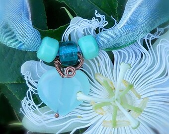 Sea Green Heart and Ribbon Choker or Boho Wrap Bracelet