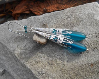 Long Filigree Drop Earrings in Teal Blue