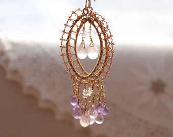 14kt gf Amethyst Rose Quartz Chandelier Earrings