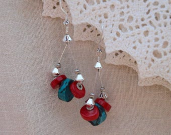 Turquoise Coral and Sterling Silver Earrings