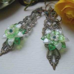 White and Green Spring Flower Brass Filigree Earrings image 1