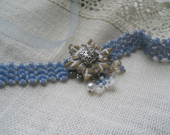 Beaded Snowflake Choker in Frosty Blue and Icy White