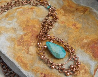 Copper  Filigree With Turquoise on Handcrafted Beaded Chain