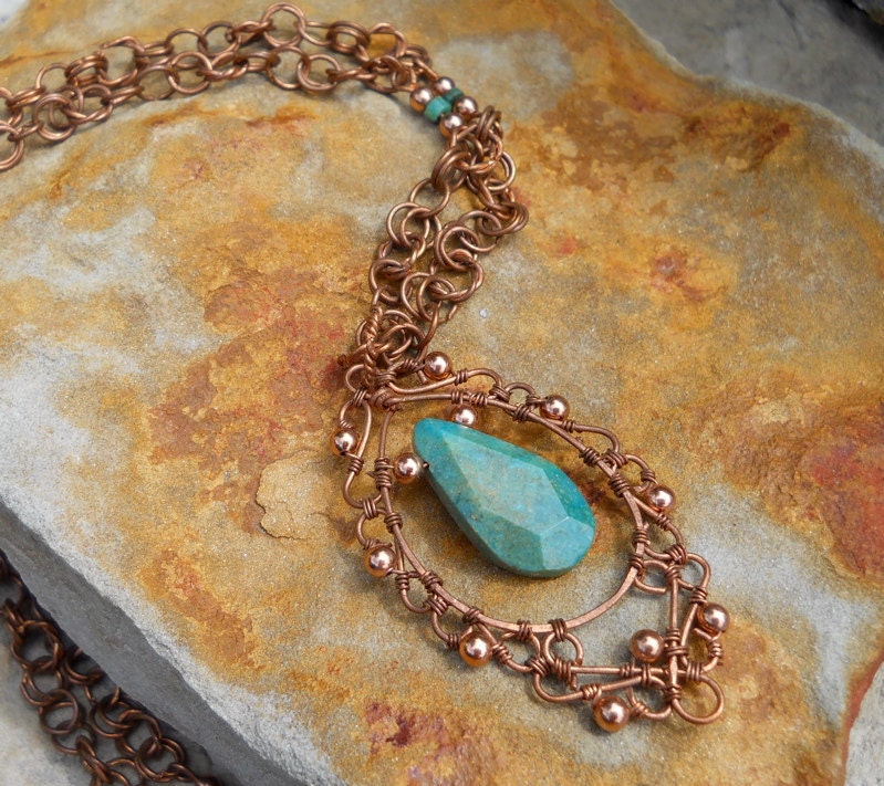Copper Filigree With Turquoise on Handcrafted Beaded Chain | Etsy