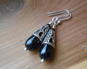 Sterling Silver and Black Glass Drop Earrings