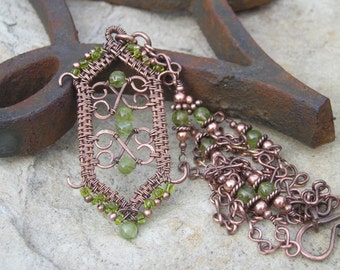 Wire Woven Copper Gothic Pendant on Peridot beaded chain