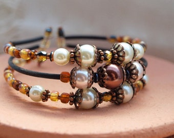 Chocolate and Cream Pearl Stacked Bracelet