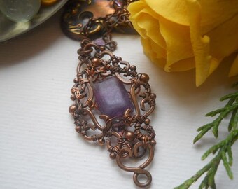 Fluorite Filigree on Beaded Copper Chain