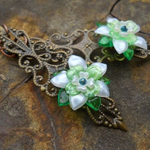 White and Green Spring Flower Brass Filigree Earrings image 3