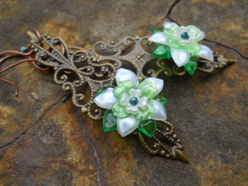 White and Green Spring Flower Brass Filigree Earrings image 3