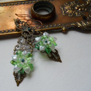 White and Green Spring Flower Brass Filigree Earrings image 5