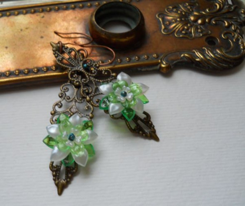 White and Green Spring Flower Brass Filigree Earrings image 5