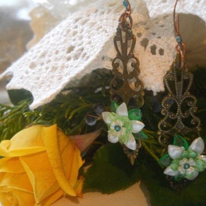 White and Green Spring Flower Brass Filigree Earrings image 2