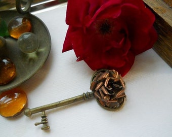 Brass Skeleton Key with Copper Rose Pendant