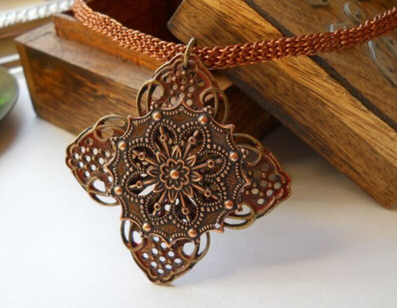 Woven double cord choker with copper pendant and mini copper cups