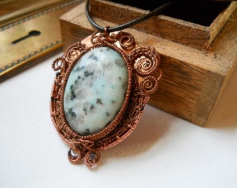 Victorian Style Copper and Kiwi Jasper Pendant on Leather Cord