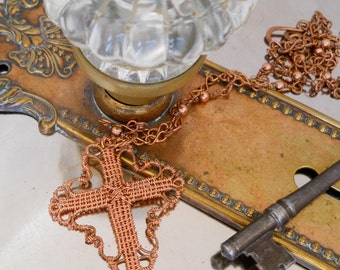 Faith - Ornate Wire Woven Cross in Copper