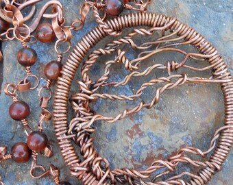 Copper Tree of Life with Red Tigers Eye Beaded Chain Necklace