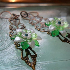 White and Green Spring Flower Brass Filigree Earrings image 4